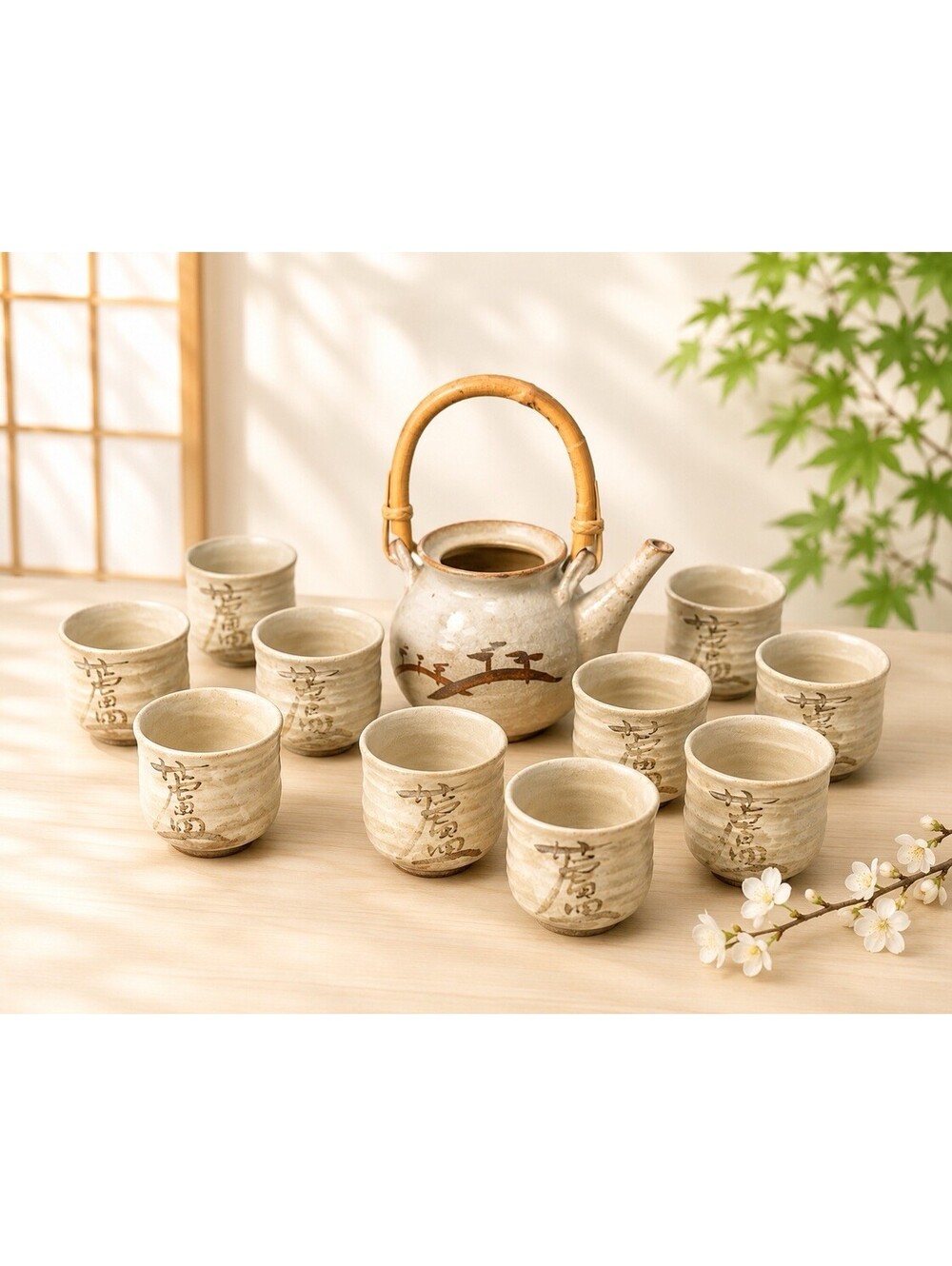 Japanese Vintage 1970s Dobin Teapot & 10 Cups Set Ash Glazed Stoneware, NO LID